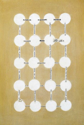 Oil colour collage on wooden panel 'Zaubermeister' Angelika Hasse 2015 contemporary text based painting