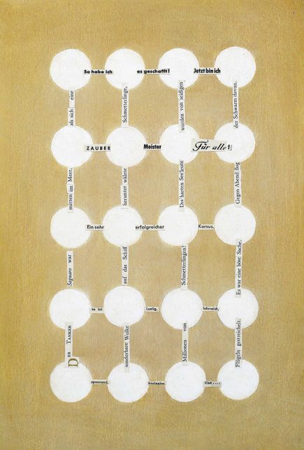 Oil colour collage on wooden panel 'Zaubermeister' Angelika Hasse 2015 contemporary text based painting