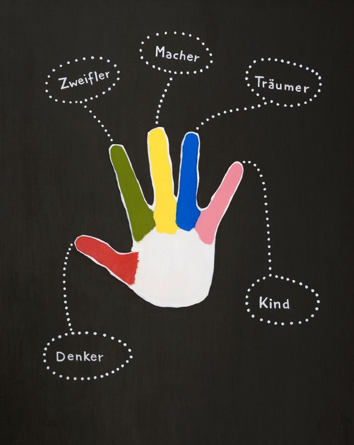 oil painting on wood 'Fünf Freunde' Angelika Hasse 2021 image and text contemporary painting